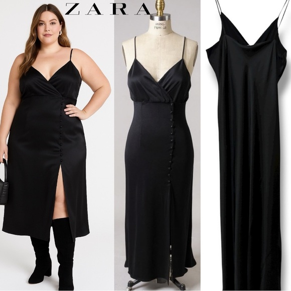 304 ZARA | NWOT Black Satin Slip Dress Button Front Midi Evening Dress (Size L) - Picture 1 of 15